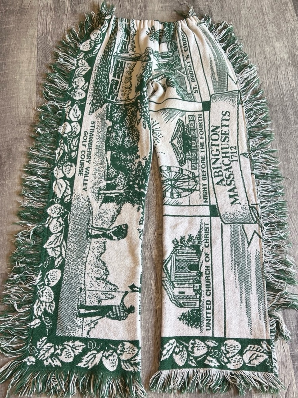 Custom Woven Tapestry Blanket Fringe Pants Abington Massachusetts Green Cream